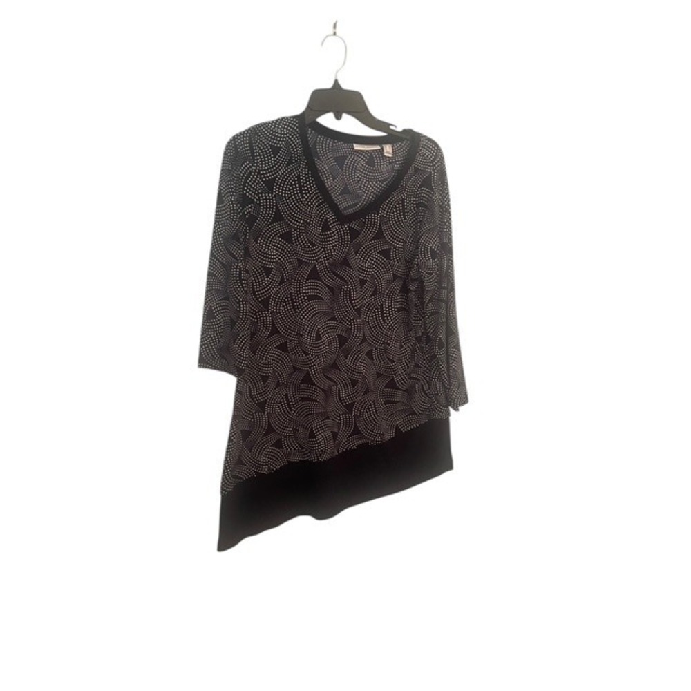 Susan Graver Asymmetrical Tunic Top Black White Print V Neck 3/4 Sleeve M